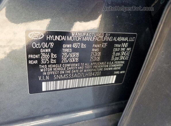 5NMS33AD7LH184201 2020 HYUNDAI SANTA Серый Вид наклейки с VIN-кодом
