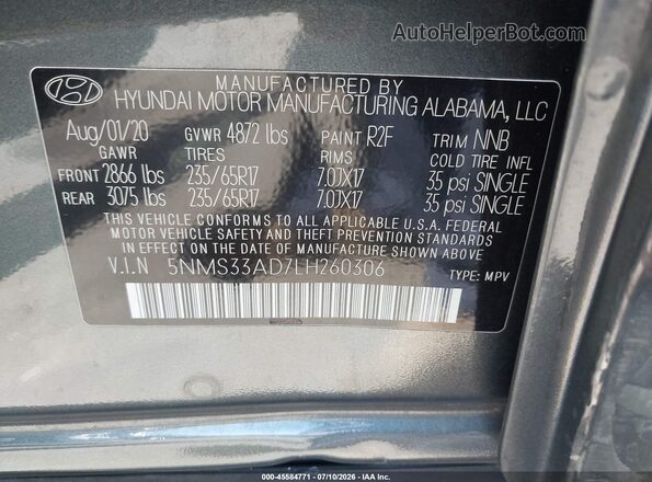 5NMS33AD7LH260306 2020 HYUNDAI SANTA FE Gray Շարժիչի բաժամունքի տեսք