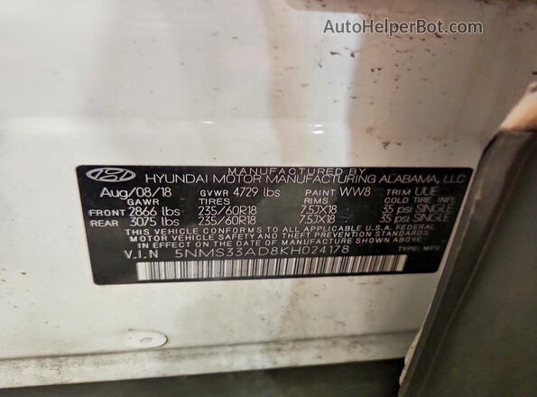 5NMS33AD8KH024178 2019 HYUNDAI SANTA White Vista interior de 360 grados