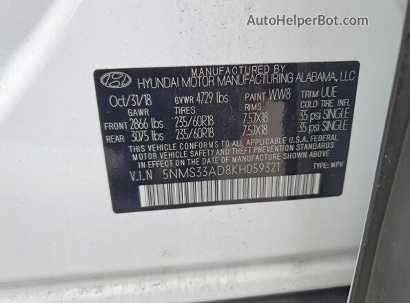 5NMS33AD8KH059321 2019 HYUNDAI SANTA White Widok naklejki z numerem VIN