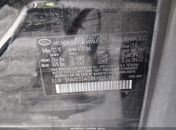 5NMS33AD8KH128282 2019 HYUNDAI SANTA FE Black Widok komory silnika