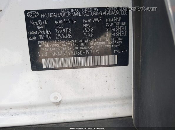 5NMS33AD8LH199399 2020 HYUNDAI SANTA FE White Engine compartment view