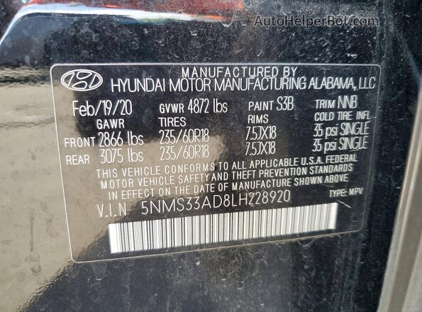 5NMS33AD8LH228920 2020 HYUNDAI SANTA Black VIN կոդի պիտակի տեսք