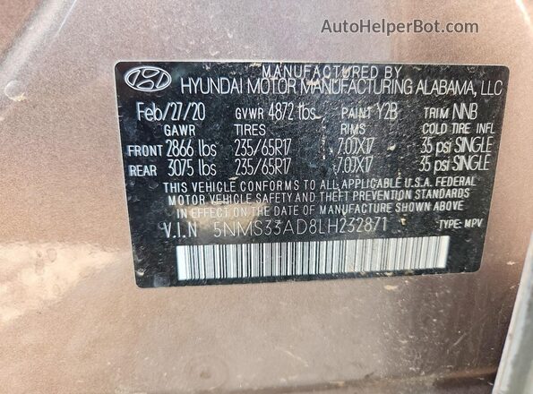 5NMS33AD8LH232871 2020 HYUNDAI SANTA Brown Vista interior de 360 grados
