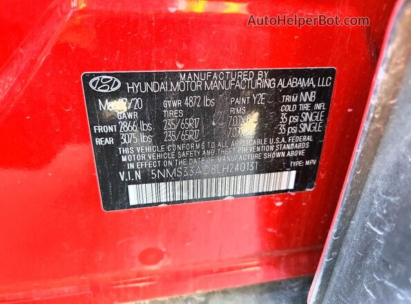 5NMS33AD8LH240131 2020 HYUNDAI SANTA Red VIN կոդի պիտակի տեսք