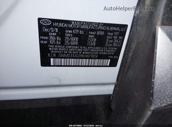 5NMS33AD9KH071834 2019 HYUNDAI SANTA FE White Vista del compartimento del motor