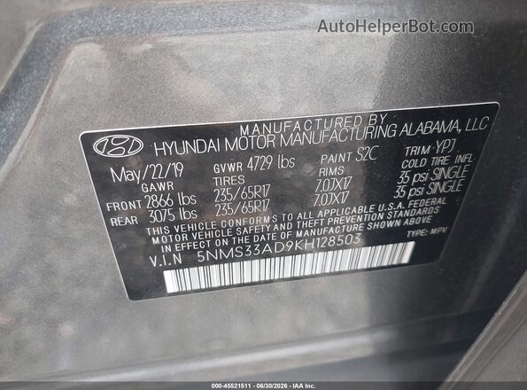 5NMS33AD9KH128503 2019 HYUNDAI SANTA FE Gray Вид підкапотного простору