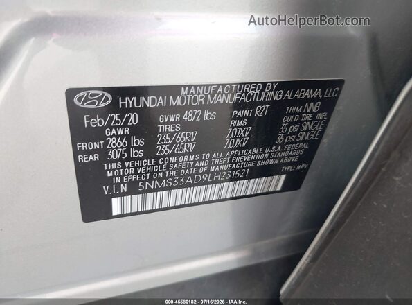 5NMS33AD9LH231521 2020 HYUNDAI SANTA FE Silver Widok komory silnika