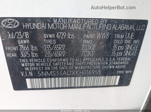 5NMS33ADXKH016955 2019 HYUNDAI SANTA FE White Շարժիչի բաժամունքի տեսք