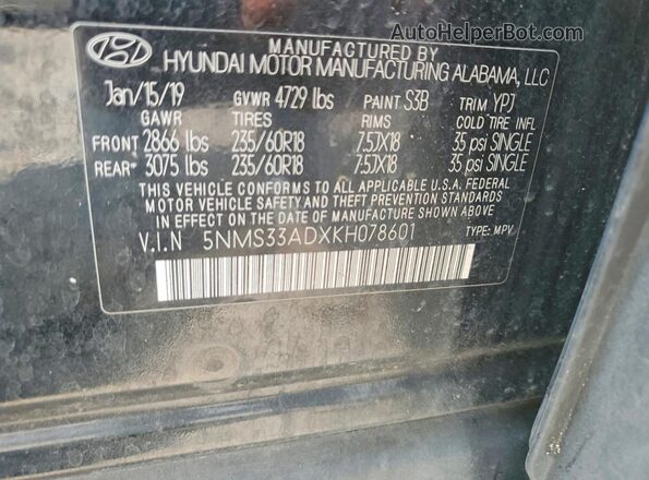 5NMS33ADXKH078601 2019 HYUNDAI SANTA Charcoal Vista interior de 360 grados