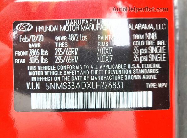 5NMS33ADXLH226831 2020 HYUNDAI SANTA Red Widok wnętrza 360 stopni