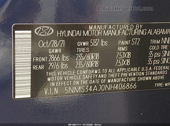 5NMS34AJ0NH406866 2022 HYUNDAI SANTA FE Синий Вид подкапотного пространства