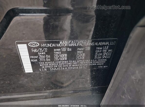 5NMS34AJ0NH438152 2022 HYUNDAI SANTA FE Black Vista del compartimento del motor