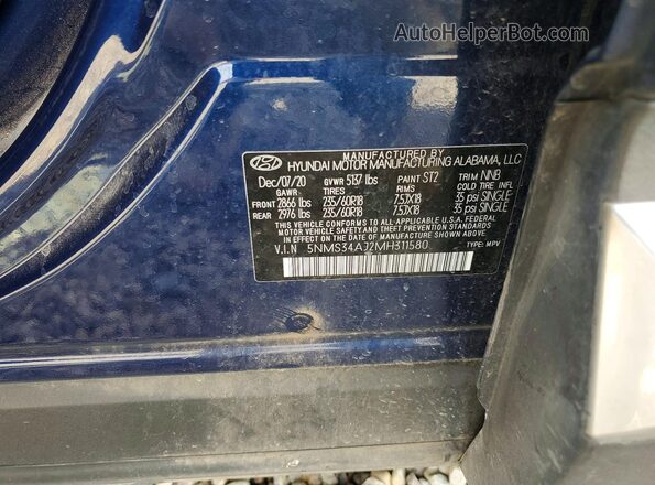 5NMS34AJ2MH311580 2021 HYUNDAI SANTA Синий Панорамный вид салона 360°