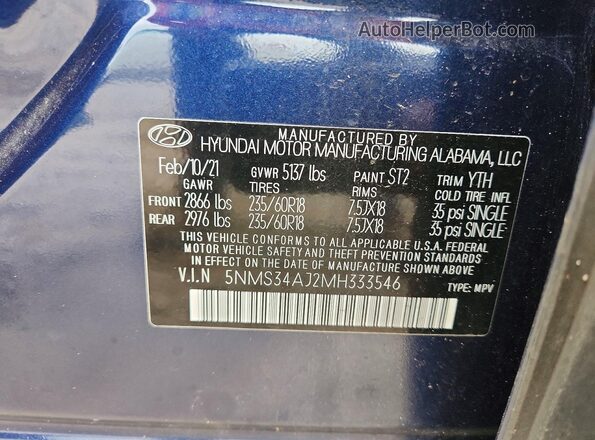 5NMS34AJ2MH333546 2021 HYUNDAI SANTA Blue VIN կոդի պիտակի տեսք