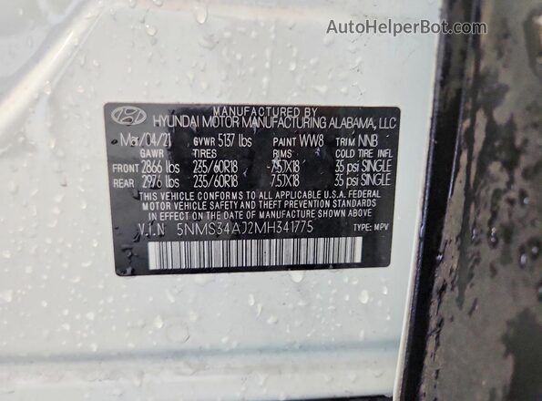 5NMS34AJ2MH341775 2021 HYUNDAI SANTA White VIN კოდის სტიკერის ხედი