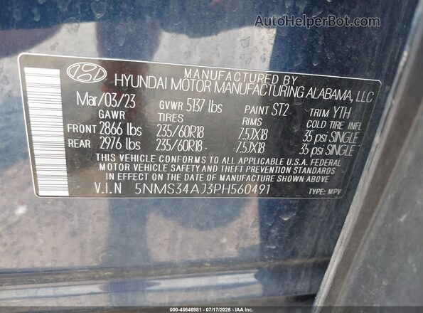 5NMS34AJ3PH560491 2023 HYUNDAI SANTA FE Blue Շարժիչի բաժամունքի տեսք