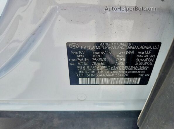 5NMS34AJ4MH334424 2021 HYUNDAI SANTA White VIN կոդի պիտակի տեսք