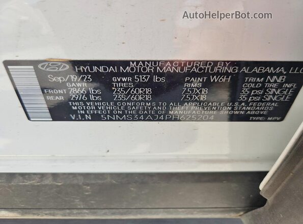 5NMS34AJ4PH625204 2023 HYUNDAI SANTA White Widok komory silnika
