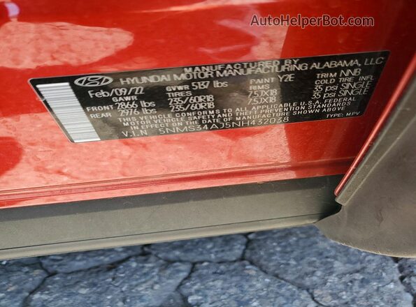 5NMS34AJ5NH432038 2022 HYUNDAI SANTA Красный Вид наклейки с VIN-кодом
