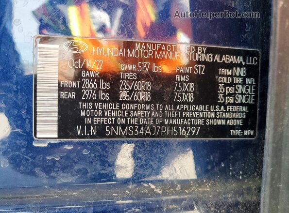 5NMS34AJ7PH516297 2023 HYUNDAI SANTA Blue VIN sticker view
