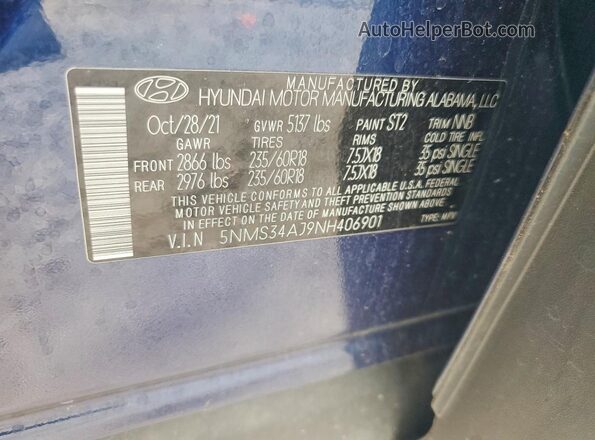 5NMS34AJ9NH406901 2022 HYUNDAI SANTA Синий Вид наклейки с VIN-кодом