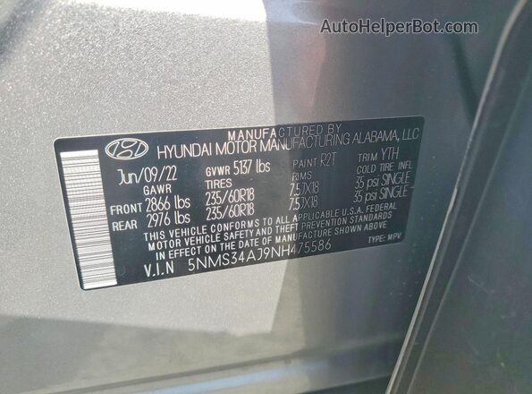 5NMS34AJ9NH475586 2022 HYUNDAI SANTA Silver Vista de la etiqueta del VIN