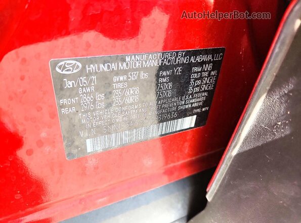 5NMS34AJXMH319636 2021 HYUNDAI SANTA Red Вид наклейки з VIN-кодом