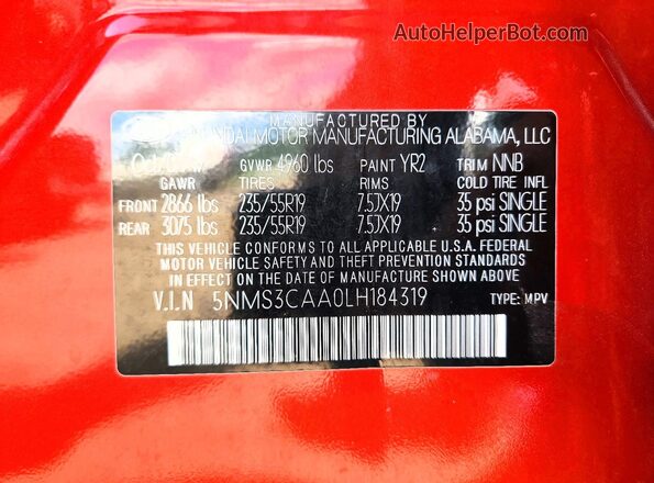 5NMS3CAA0LH184319 2020 HYUNDAI SANTA Orange Շարժիչի բաժամունքի տեսք