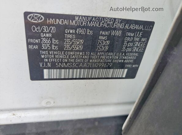 5NMS3CAA2LH299679 2020 HYUNDAI SANTA White Vista de la etiqueta del VIN