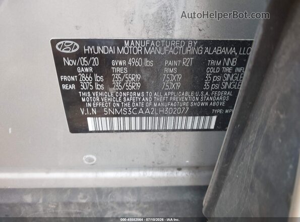 5NMS3CAA2LH302077 2020 HYUNDAI SANTA FE Gray Շարժիչի բաժամունքի տեսք