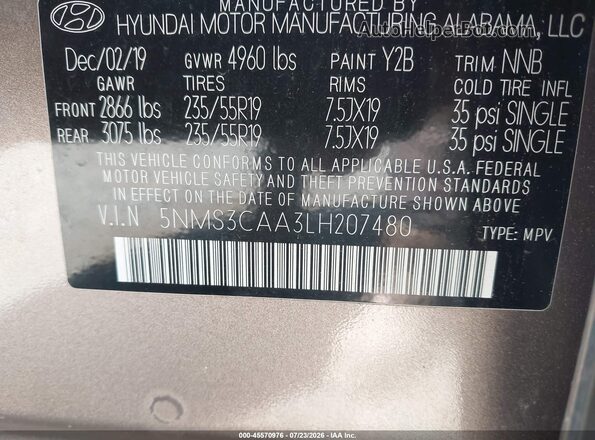 5NMS3CAA3LH207480 2020 HYUNDAI SANTA FE Бежевый Вид подкапотного пространства