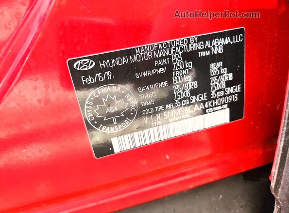 5NMS3CAA4KH090913 2019 HYUNDAI SANTA Burgundy VIN კოდის სტიკერის ხედი
