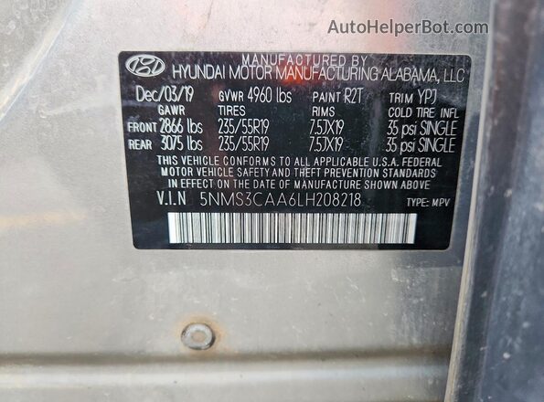 5NMS3CAA6LH208218 2020 HYUNDAI SANTA Silver VIN sticker view