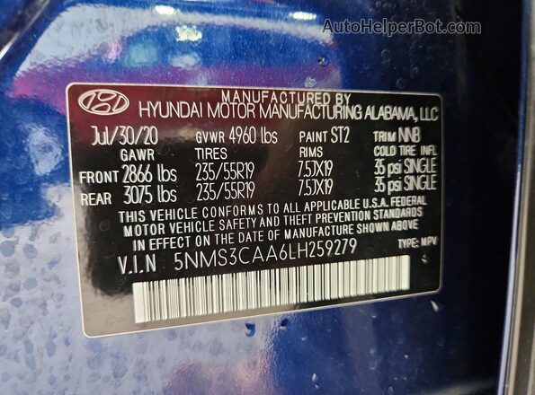 5NMS3CAA6LH259279 2020 HYUNDAI SANTA Blue 360 interior view