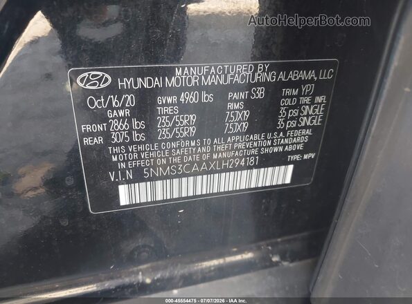 5NMS3CAAXLH294181 2020 HYUNDAI SANTA FE Черный Вид подкапотного пространства