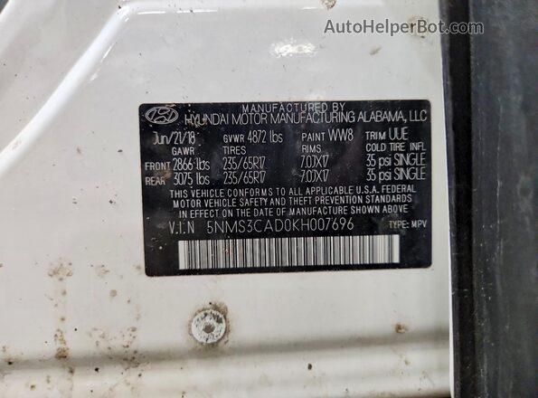 5NMS3CAD0KH007696 2019 HYUNDAI SANTA White VIN კოდის სტიკერის ხედი