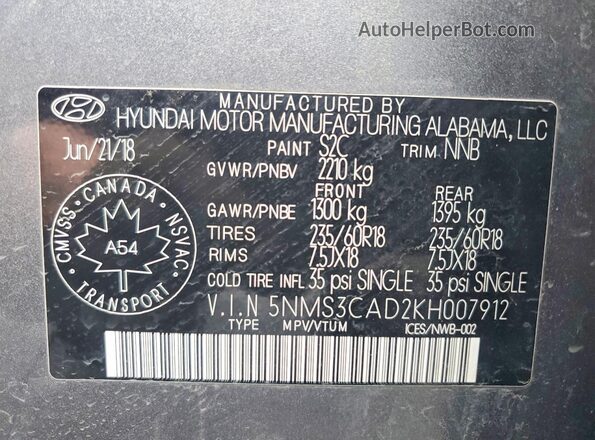 5NMS3CAD2KH007912 2019 HYUNDAI SANTA Gray Vista interior de 360 grados