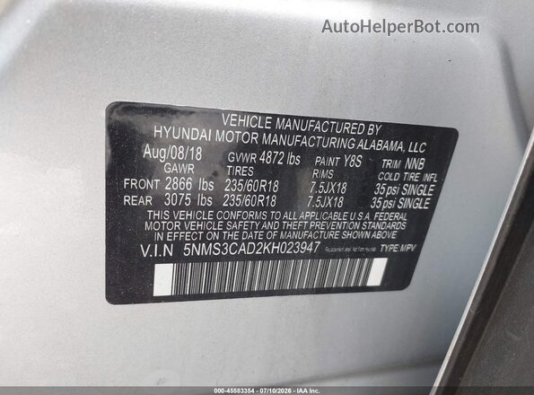5NMS3CAD2KH023947 2019 HYUNDAI SANTA FE Silver Engine compartment view