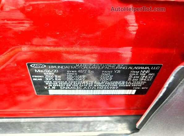 5NMS3CAD2LH235989 2020 HYUNDAI SANTA Red Vista de la etiqueta del VIN