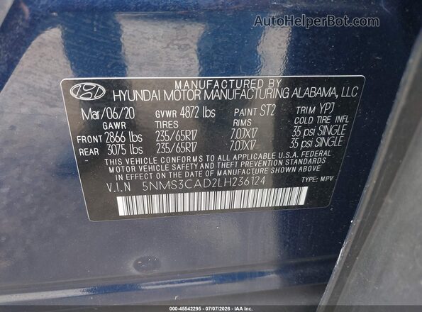 5NMS3CAD2LH236124 2020 HYUNDAI SANTA FE Blue Вид підкапотного простору