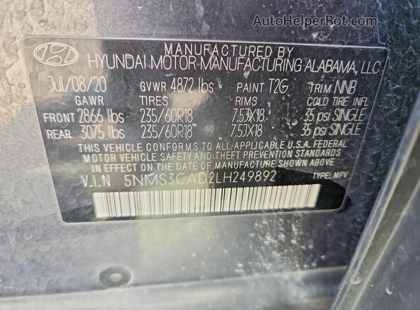 5NMS3CAD2LH249892 2020 HYUNDAI SANTA Gray ძრავის განყოფილების ხედი