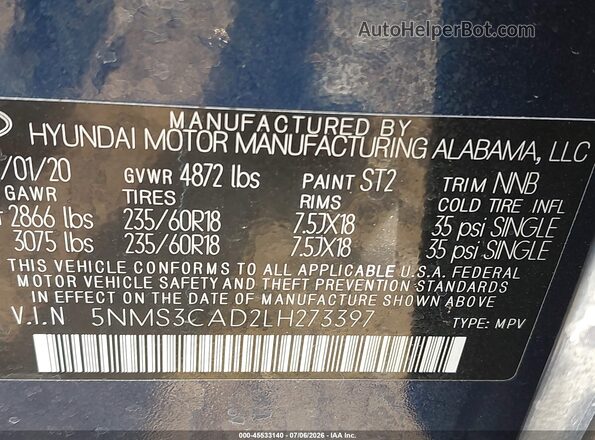 5NMS3CAD2LH273397 2020 HYUNDAI SANTA FE Blue Շարժիչի բաժամունքի տեսք