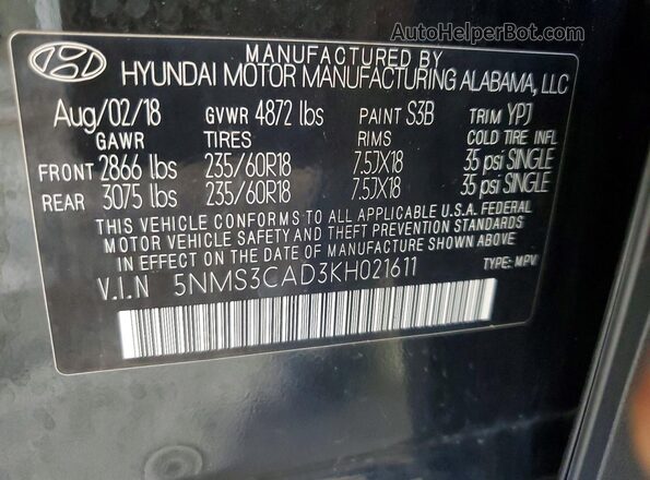 5NMS3CAD3KH021611 2019 HYUNDAI SANTA Black Սալոնի 360 աստիճան տեսք