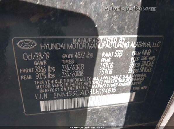 5NMS3CAD3LH194515 2020 HYUNDAI SANTA FE Black Շարժիչի բաժամունքի տեսք
