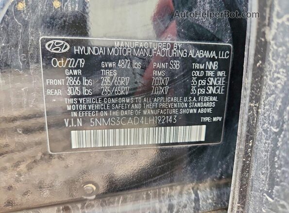 5NMS3CAD4LH192143 2020 HYUNDAI SANTA Black Панорамний вид салону 360°