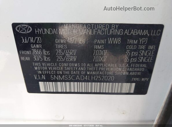 5NMS3CAD4LH252020 2020 HYUNDAI SANTA FE Белый Вид подкапотного пространства