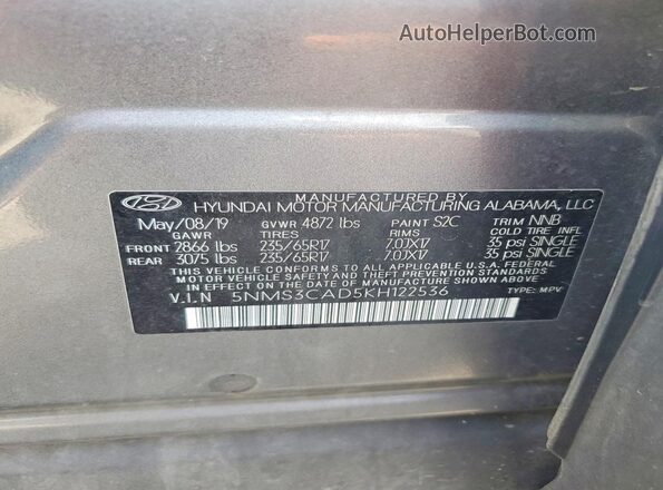 5NMS3CAD5KH122536 2019 HYUNDAI SANTA Gray VIN կոդի պիտակի տեսք