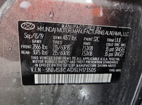 5NMS3CAD5LH173505 2020 HYUNDAI SANTA Gray Vista del compartimento del motor