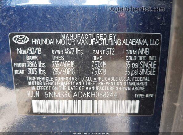 5NMS3CAD6KH068244 2019 HYUNDAI SANTA FE Blue Widok komory silnika